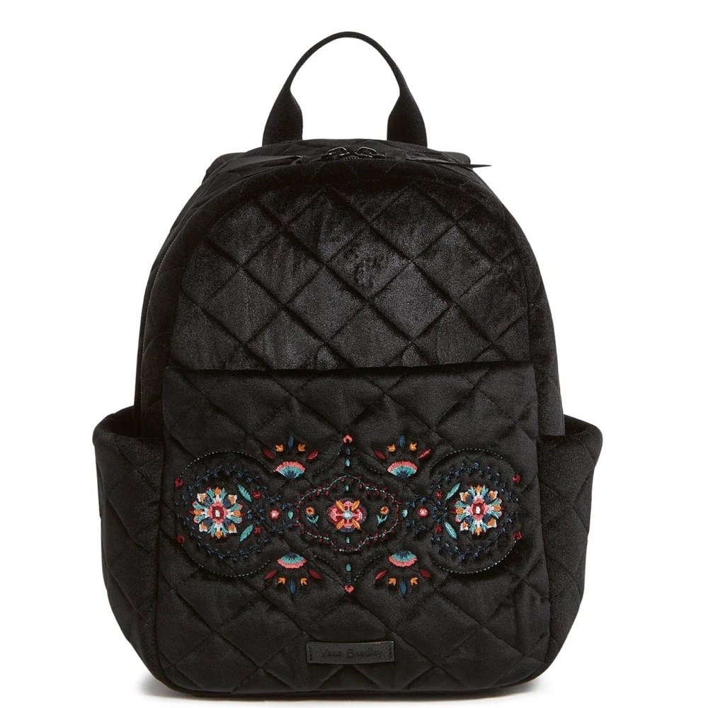New Vera Bradley Small  Backpack Quilted Black Velvet Embroidered Design NWT